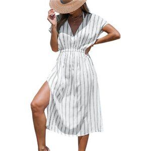 Women Beach Cover Up V Neck Short Sleeve Striped Midi Swimsuit Coverup